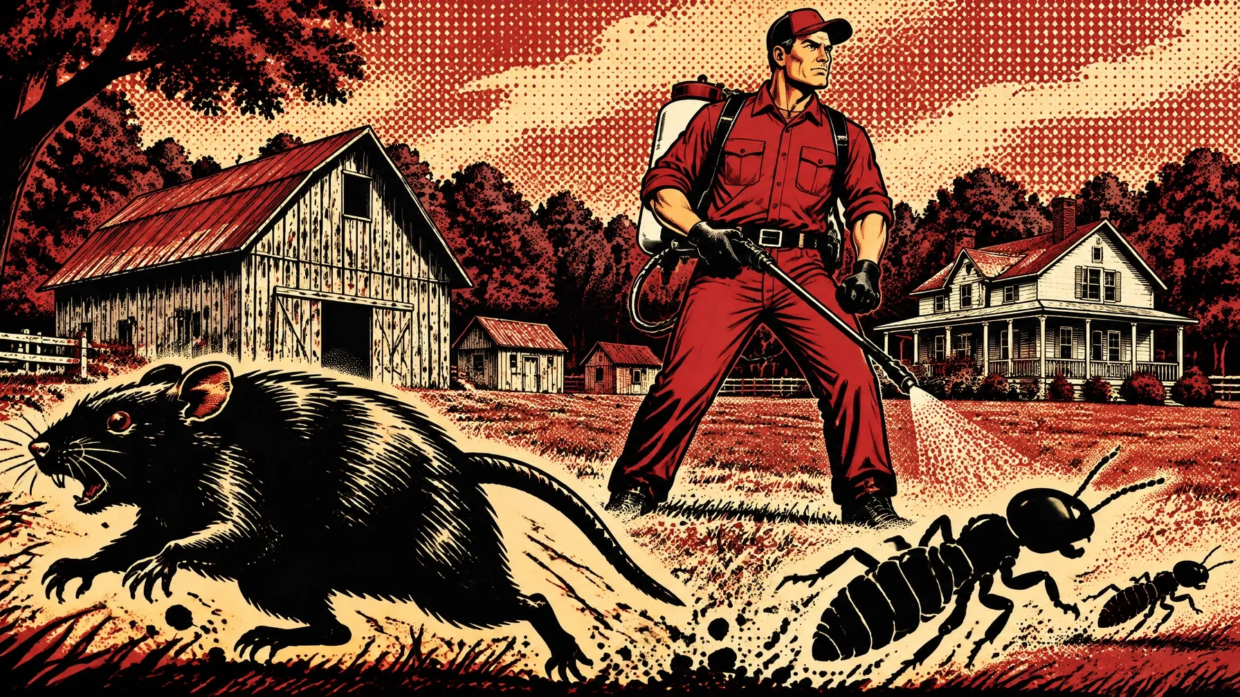 Pest control technician treating the perimeter of a rural farmhouse and barns in Carbon Hill, Alabama Pest control technician treating the perimeter of a rural farmhouse and barns in Carbon Hill, Alabama