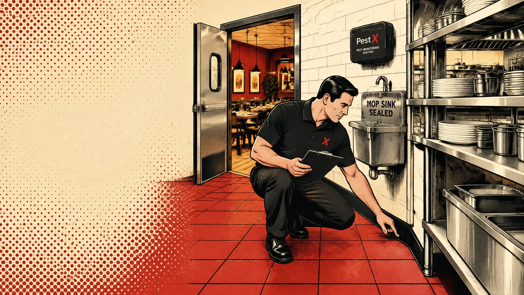 Commercial pest control technician inspecting a commercial kitchen in a retro pop art illustration.