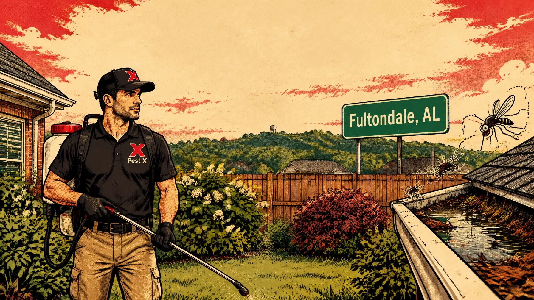 Pest X technician treating a backyard in Fultondale, Alabama, with mosquitoes visible near the yard and water feature