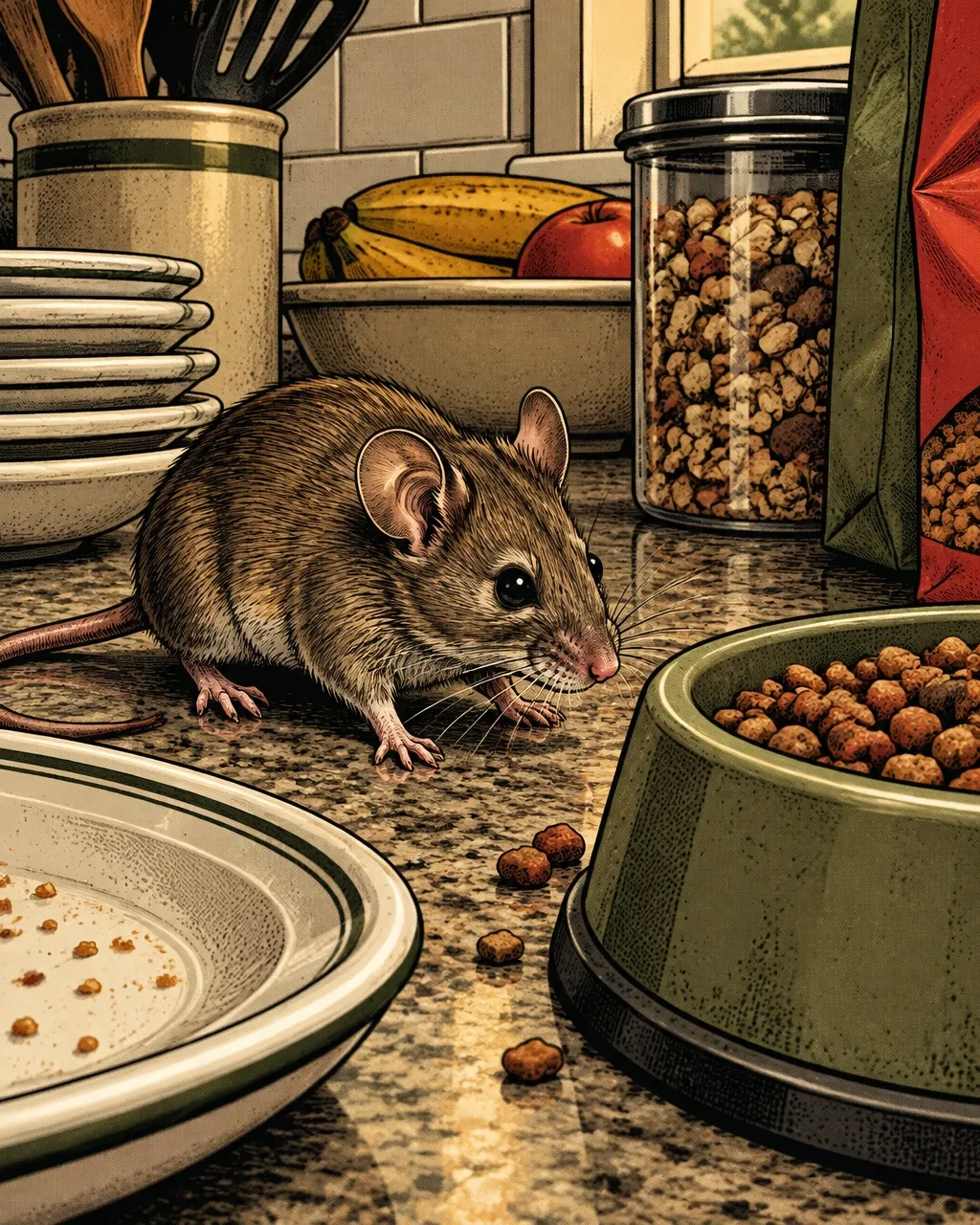 House mouse near dishes and food in a kitchen House mouse near dishes and food in a kitchen